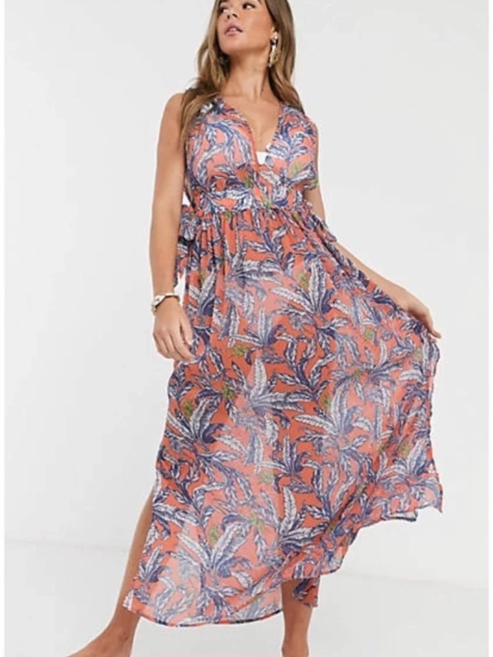 Peach Floral V-Neck Maxi Swim Coverup with Tie Back